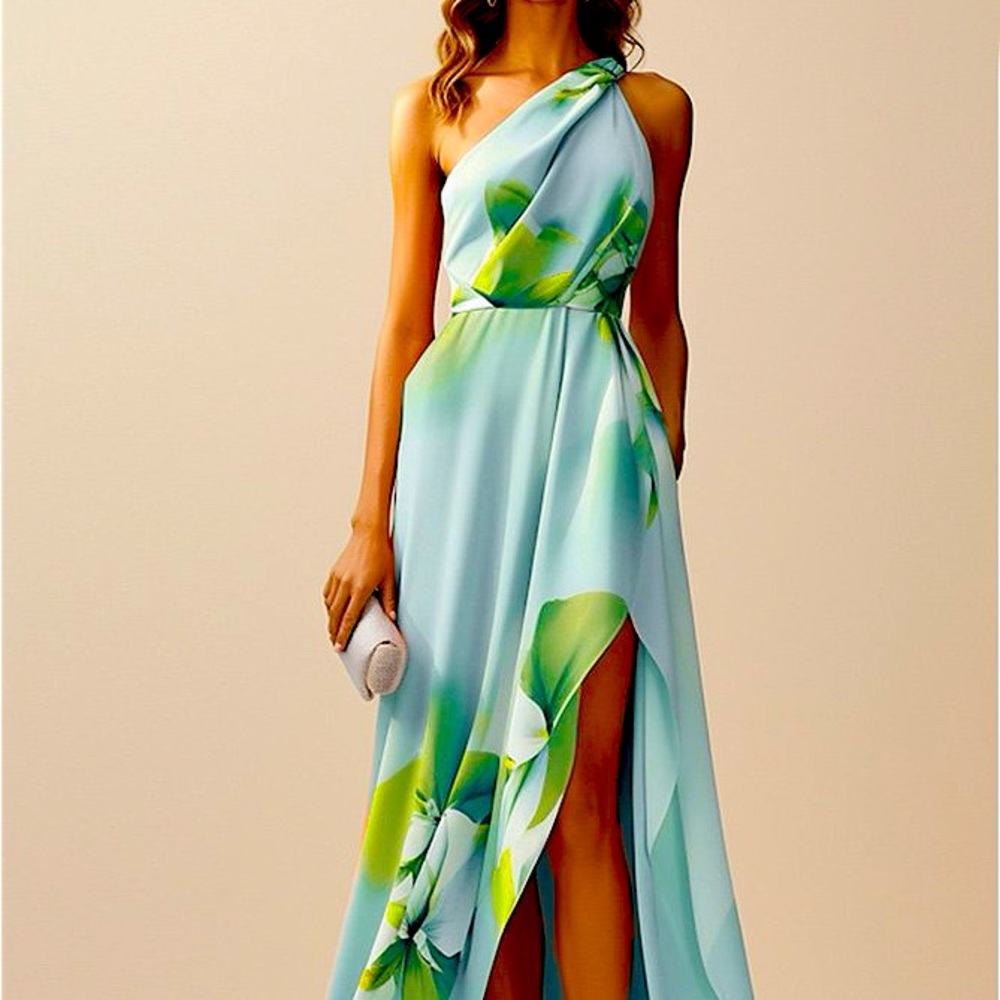 Elegant Floral Blue and Green Dress